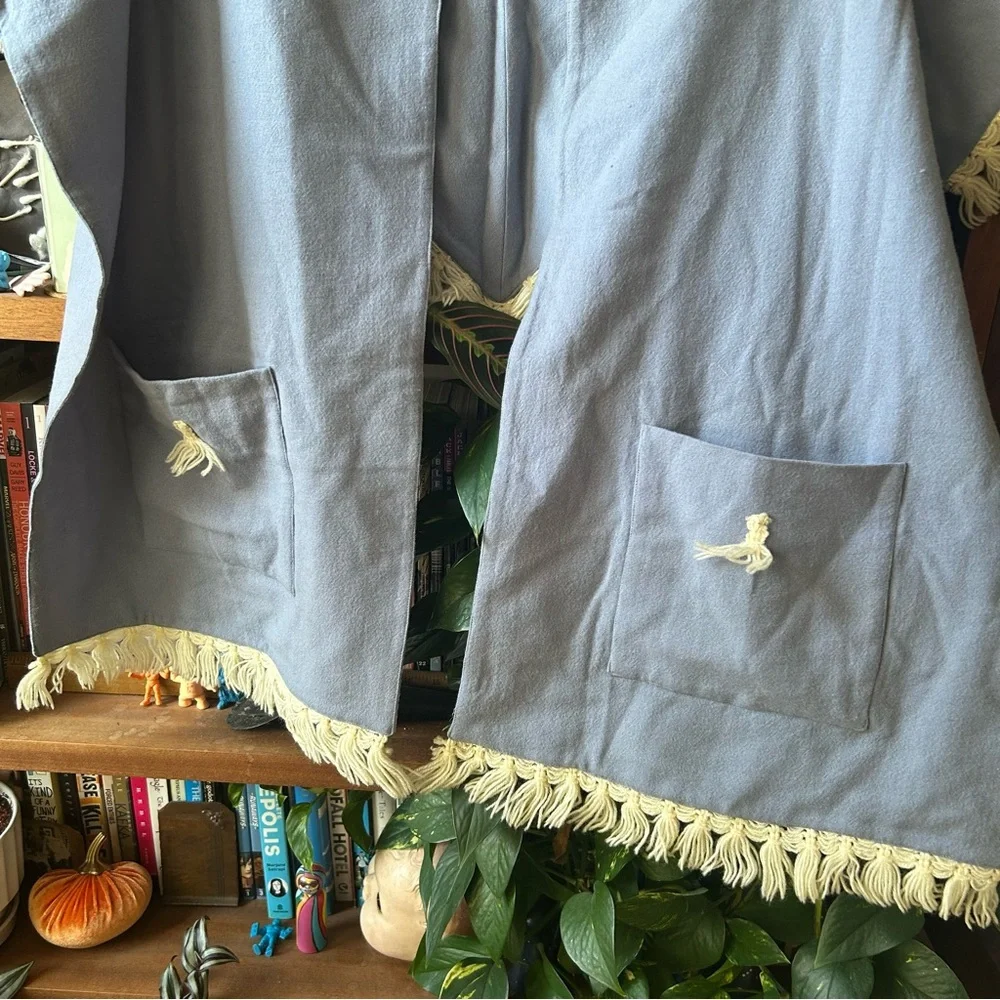 Vintage 60s Light Blue Shawl with Cream Fringe and Pockets